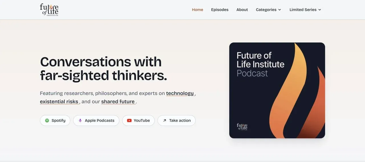 Future of Life Podcast website with its show introduction and links to listening platforms